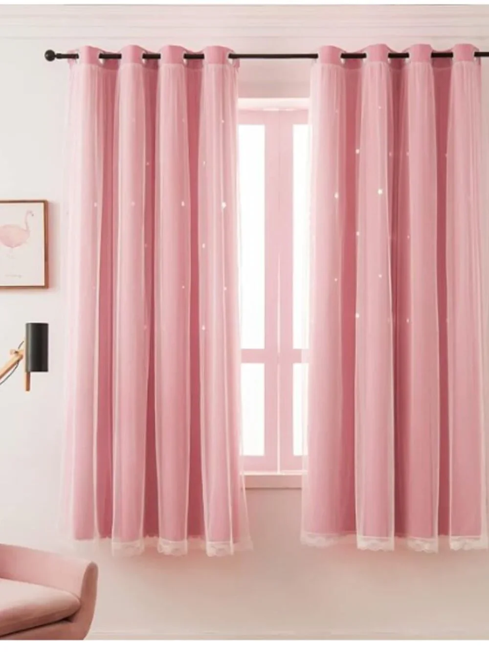 Set of 4 Blush Pink Blackout Curtains with Star Cutouts and sheer overlay